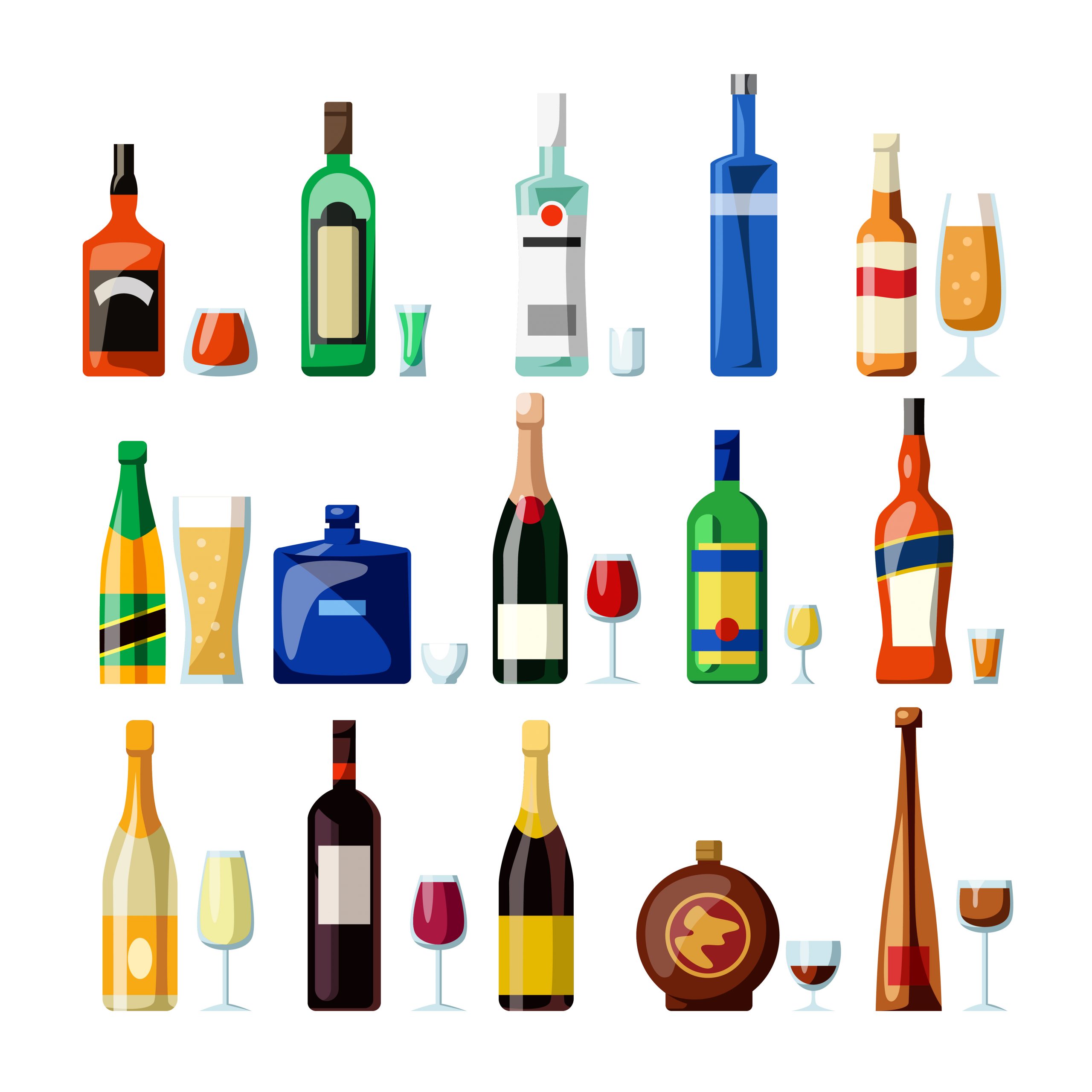 Alcoholic beverages in glasses and bottles of different shape